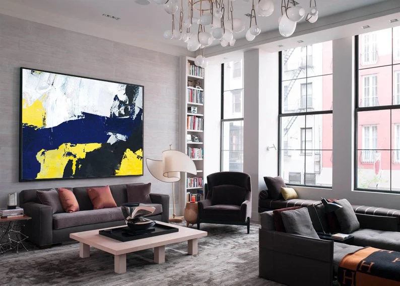 Yellow Handmade Hand-painted Black Dining Abstract Canvas Artwork GB6QQ